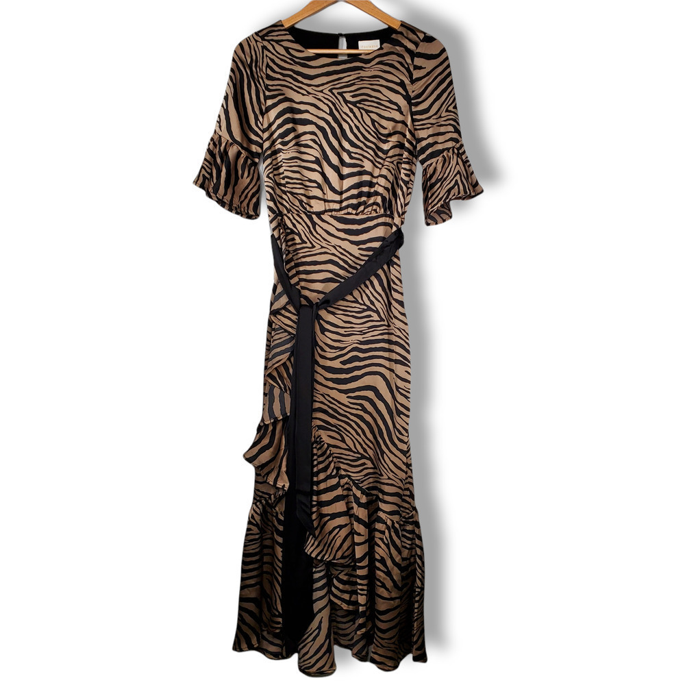 Foxiedox Assymetric Billie Zebra Print Ruffle Dress Tan Black Size Small